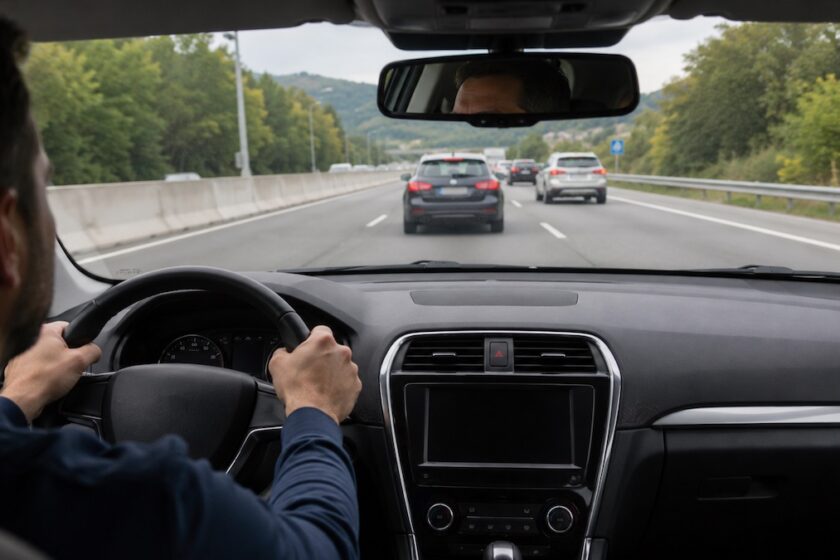 Guidatore concentrato che mantiene la distanza di sicurezza nel traffico
