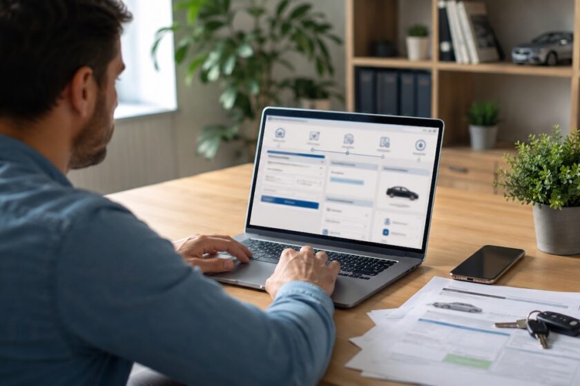 Persona controlla al laptop una pratica di passaggio di proprietà auto online