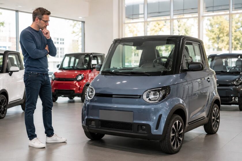 Persona che valuta una microcar in concessionaria