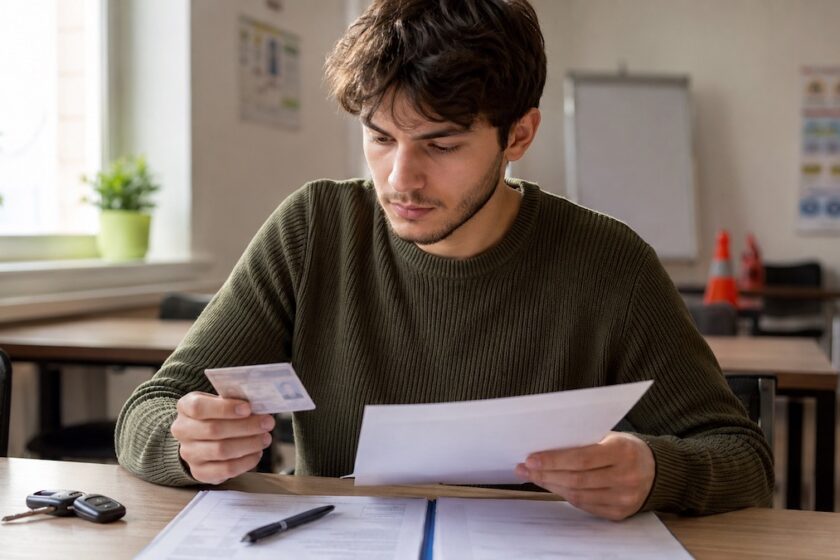 Persona che controlla documenti per il foglio rosa in autoscuola