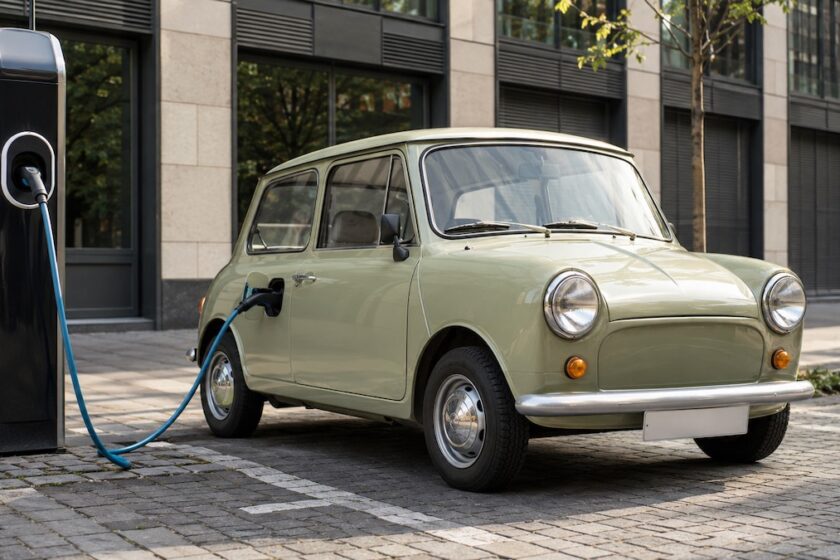 Auto convertita in elettrica collegata a una colonnina di ricarica
