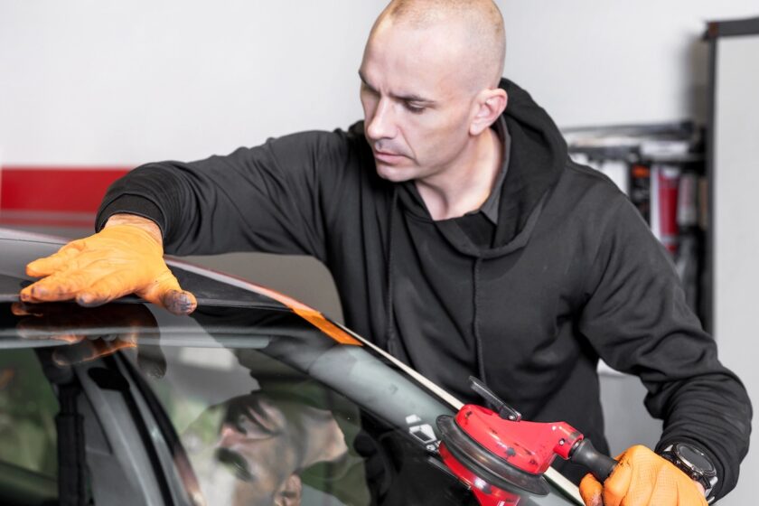 Tecnico che ripara il parabrezza rotto di un’auto in officina