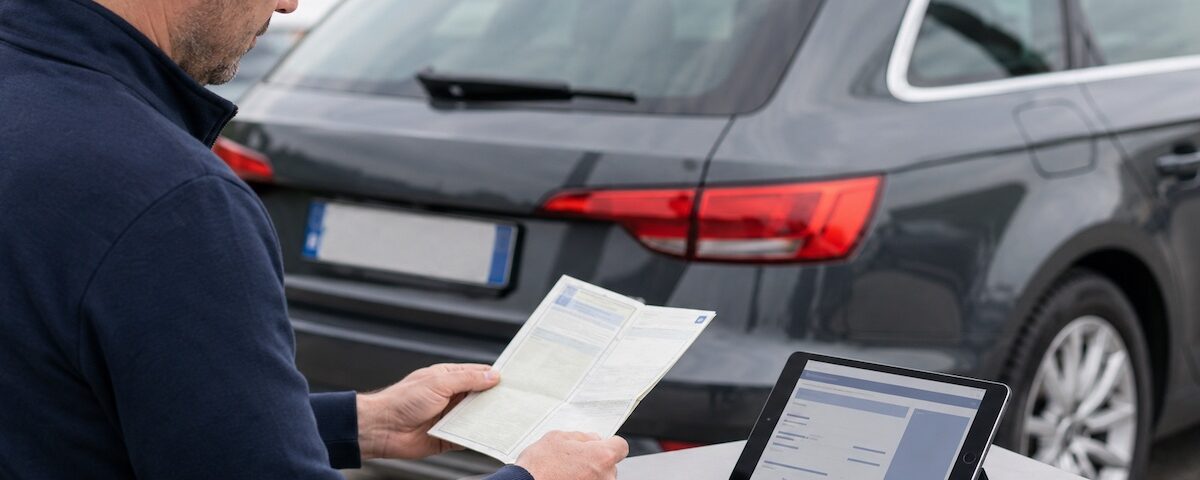 Persona che controlla documenti e libretto per verificare targa e anno di immatricolazione dell’auto