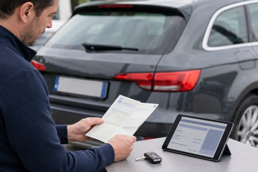 Persona che controlla documenti e libretto per verificare targa e anno di immatricolazione dell’auto