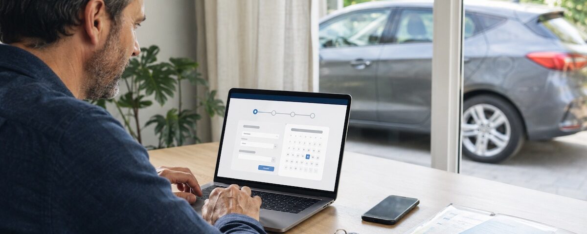 Persona prenota online la revisione dell’automobile con i documenti del veicolo sulla scrivania