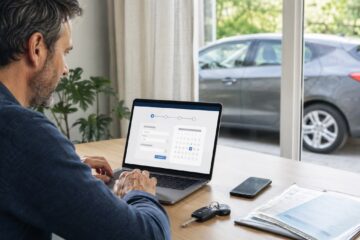 Persona prenota online la revisione dell’automobile con i documenti del veicolo sulla scrivania