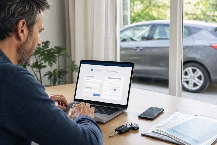 Persona prenota online la revisione dell’automobile con i documenti del veicolo sulla scrivania