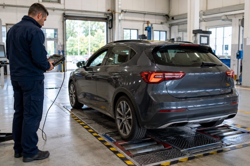 Automobile sottoposta a controllo tecnico su una linea di revisione