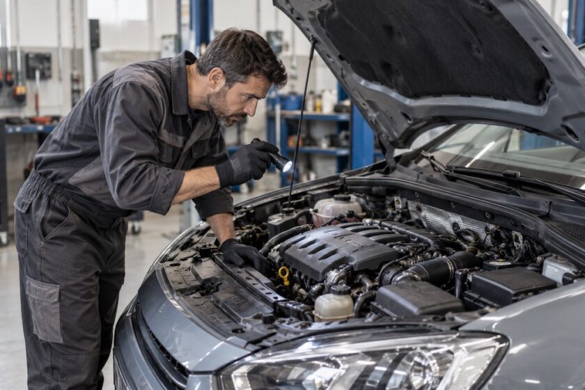 Meccanico controlla il motore di un’auto diesel economica in officina