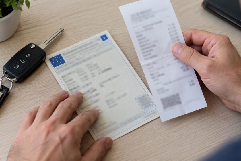 Mani che tengono una ricevuta accanto a un documento di circolazione e alle chiavi dell’auto.
