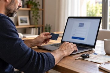 Persona al computer con chiavi dell’auto e documento di circolazione sulla scrivania.