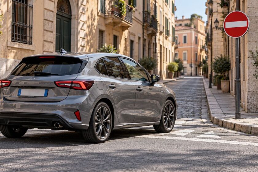 Automobile ferma prima di una strada con segnale di senso vietato.