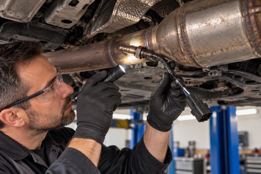 Quante sonde lambda ci sono: meccanico che controlla un sensore sullo scarico dell’auto