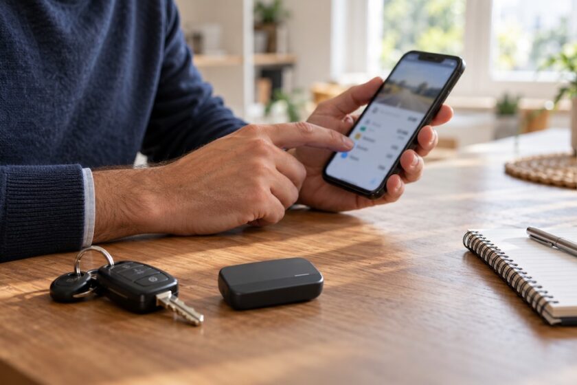 Persona che consulta le spese sullo smartphone accanto alle chiavi dell’auto e a un dispositivo di telepedaggio.