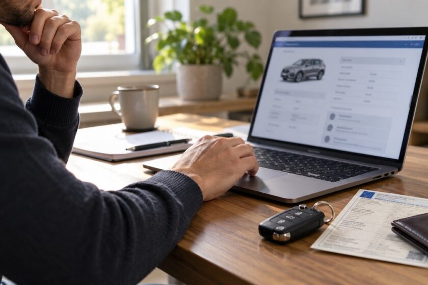 Persona al computer con chiavi dell’auto e documento di circolazione sulla scrivania.