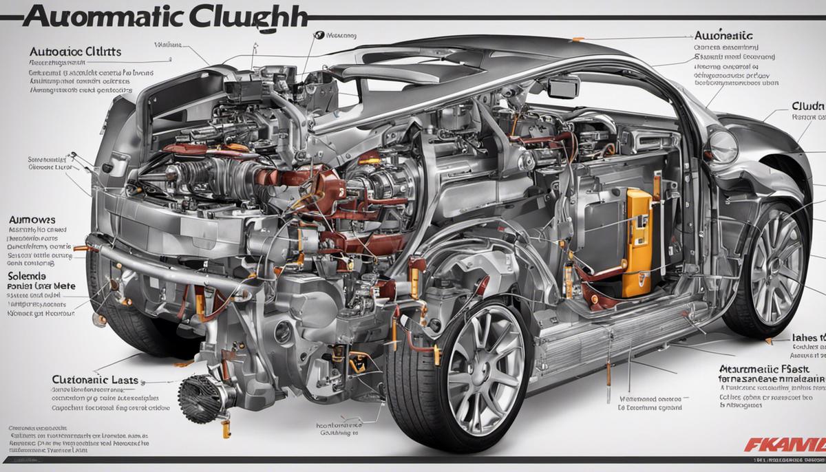 A diagram showing different parts of an automatic clutch, including clutch plates, transmission solenoid, and transmission fluid with arrows indicating potential issues